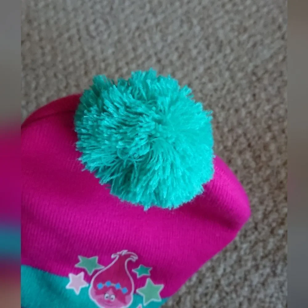 Dreamworks Trolls Pink and Teal Beanie with a pom-pom